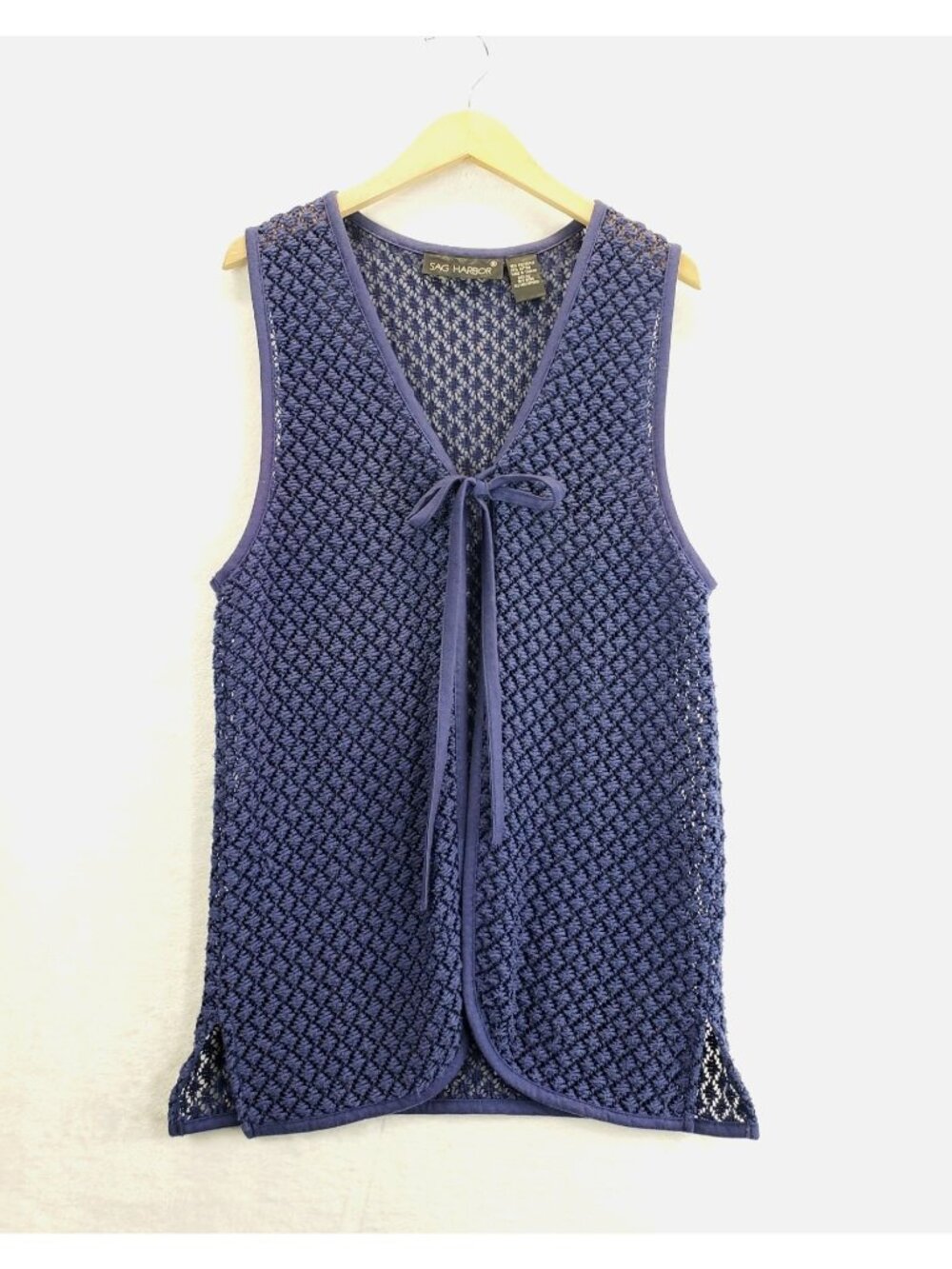 Crochet Blue Vest M Vtg Sag Harbor Open Front-Tie Sleeveless Granny Core Cottage